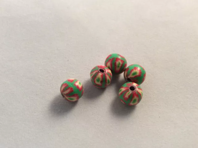 4 x green & multi colour app 8mm handmade polymer clay beads,hole app 2mm.