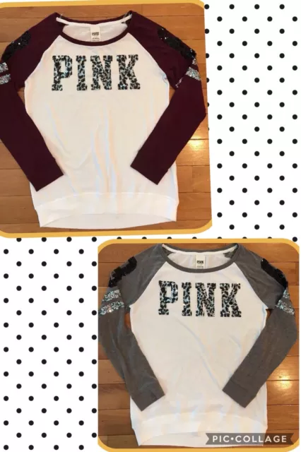 NWT Victoria's Secret PINK S~ Long Sleeve Slouchy BLING Tee-shirt 86 Gray Wine