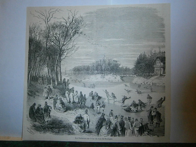 Gravure 19°  Les patineurs sur le lac du bois de Boulogne Paris