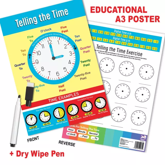 Tell The Time Wall Clock A3 Laminated Educational Poster with a Dry Wipe Pen