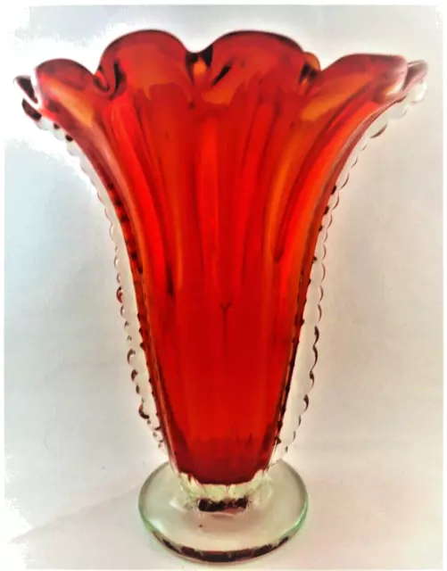 Barovier Toso Classic Red Fan Vase Murano Vintage Art Glass 12"h: Pristine!