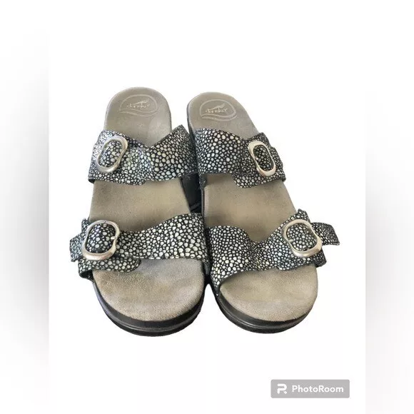 Dansko Sophie black pattern double strap sandal. 41 (10.5-11)