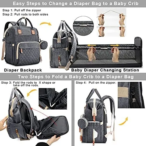 Multi-Functional Baby Diaper Bag Backpack with Bassinet Changing Station Crib 12