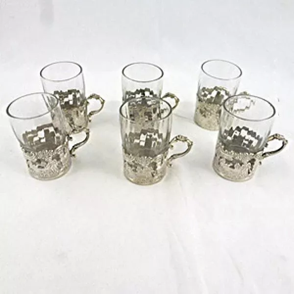 Antique Victorian Six Tot Glasses In Sterling Silver Cup Holder 1895 Sheffield