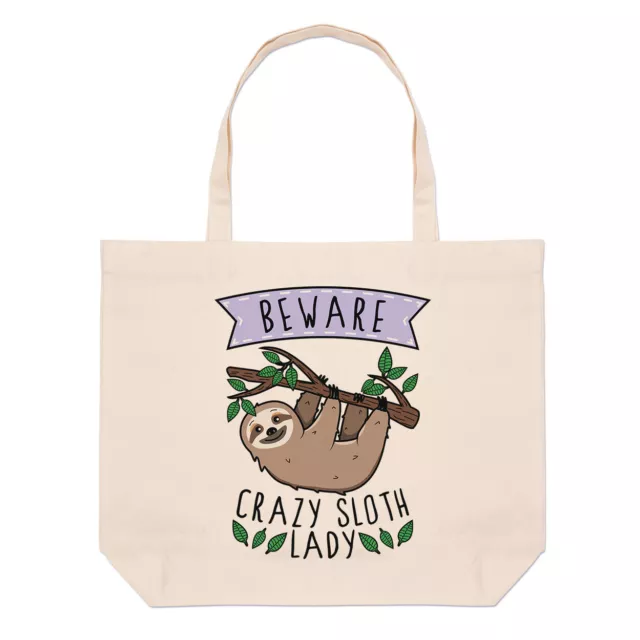 Beware Crazy Sloth Lady Large Beach Tote Bag Funny Joke Animal Lazy