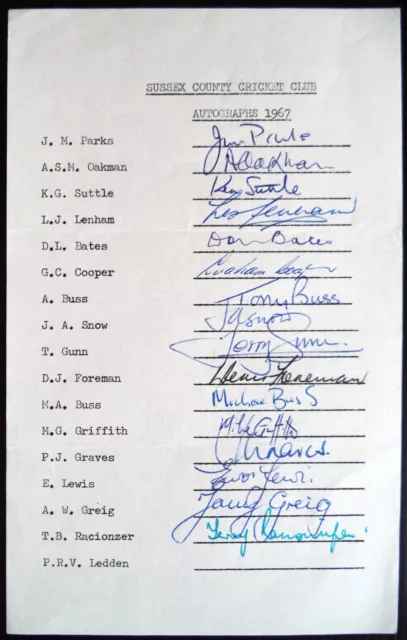 Sussex County Cricket Club 1967 Official Autograph Team Sheet