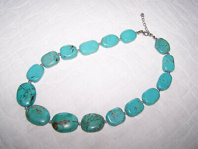Contemporary Turquoise Stone Necklace - Silvertone Beaded - Nice! - N21