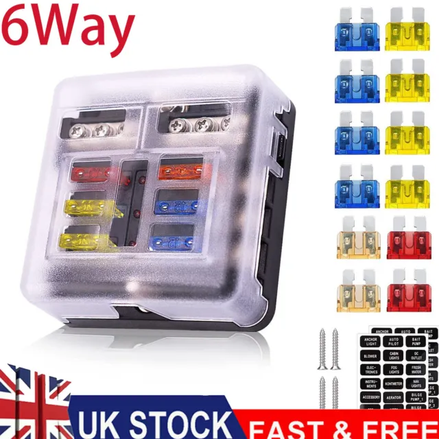 6 Way Blade Fuse Box Block FuseBox Holder Auto Marine Bus Bar Car Kit 12V 32V UK