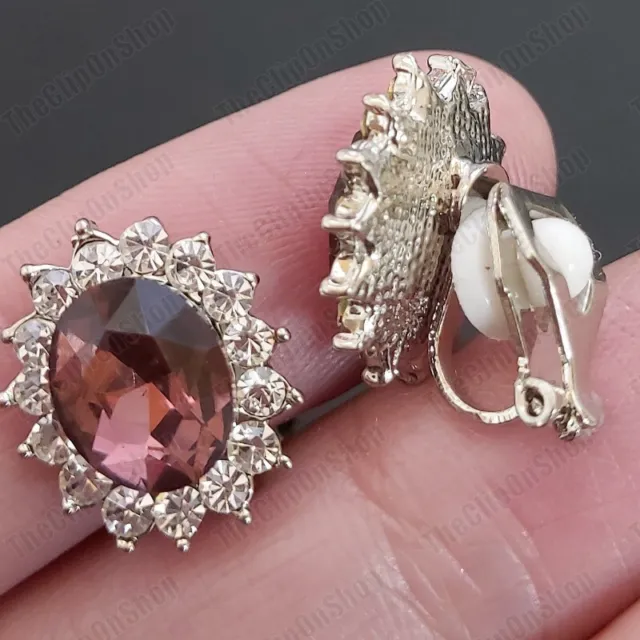 CLIP ON classic plum oval CRYSTAL EARRINGS retro SILVER TONE small vintage style 2