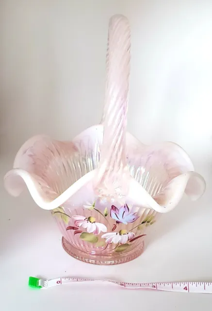 Fenton pink iridescent art glass basket hand painted