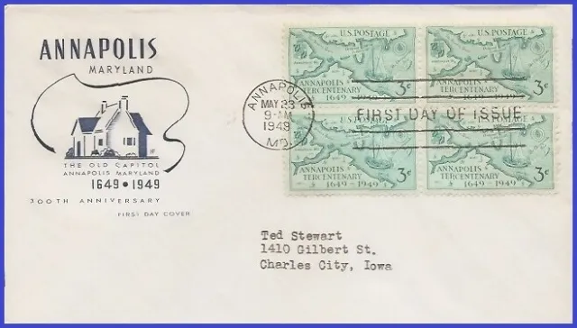 USA3 # 984 ADDR HOUSE OF FARNAM FDC BL4  Annapolis 300 years