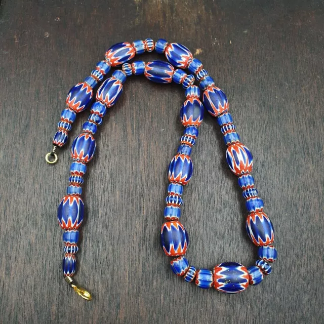 Antique Venetian inspired African Blue Glass Chevron Beads Necklace