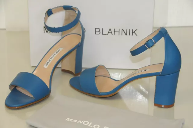 $745 New Manolo Blahnik Lauratopri 70 Blue Leather Chunky Heel Sandals 40.5