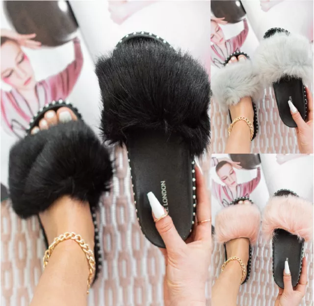 Ladies Sliders Warm Fashion Slippers Womens Faux Fluffy Fur Studs Shoes Size Uk