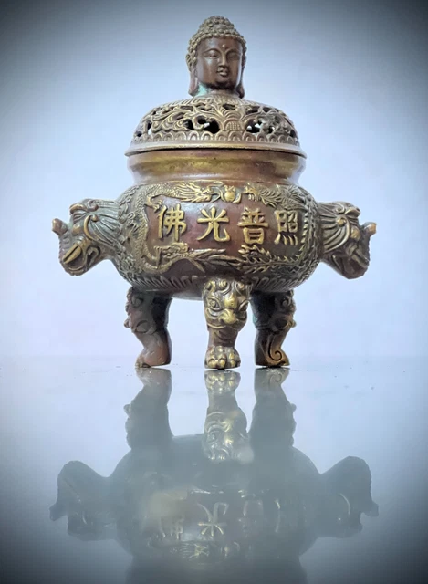 Antique Chinese Bronze Censer. Ming Dynasty Xuande Mark. Buddha Head Cover.
