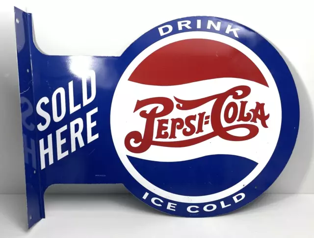 Double Sided Flange Repro Metal Sign - "Drink Ice Cold Pepsi Cola Sold Here"