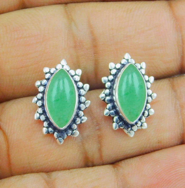 Green Jade Gemstone 925 Sterling Silver handmade Ethnic Gift Stud Earrings