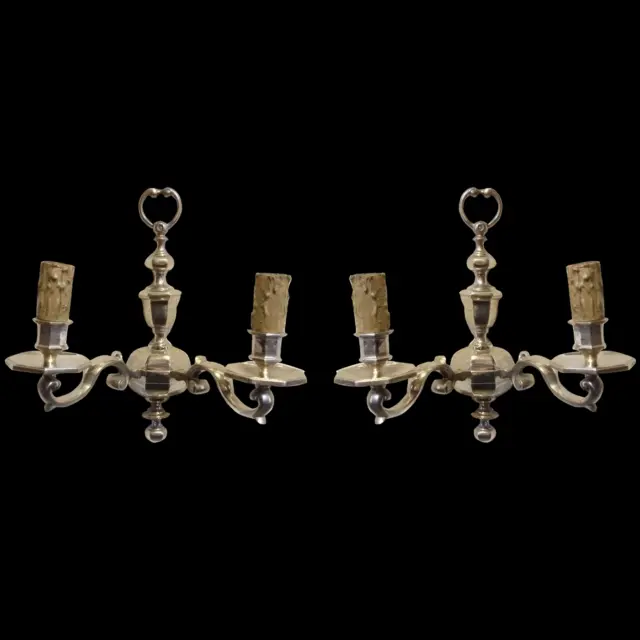 Antique english silverplated pair of sconces solid bronze chiseled 2 candles