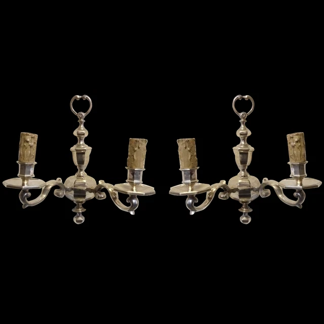 Antique english silverplated pair of sconces solid bronze chiseled 2 candles