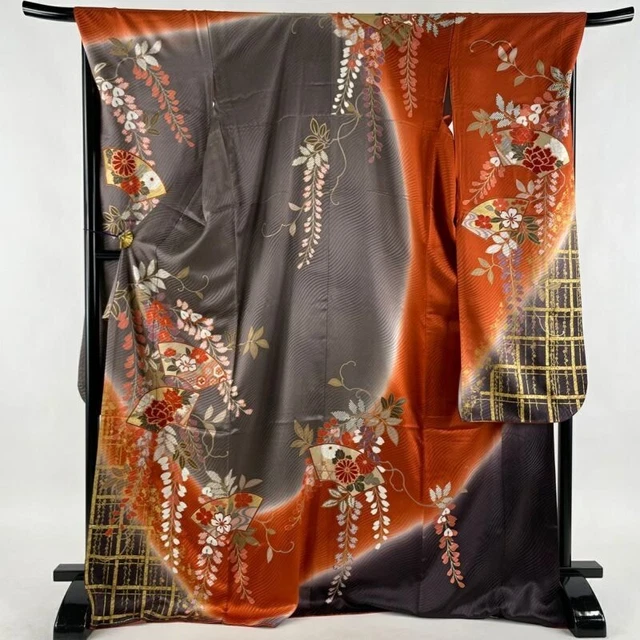 Woman Japanese Kimono Furisode Silk Fan Sensu Flower Gold Foil Gray Red 173cm
