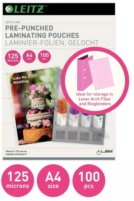 100 Laminierfolien 125mic Abheftlochung Heißlaminierfolien A4 iLam 33878 Leitz