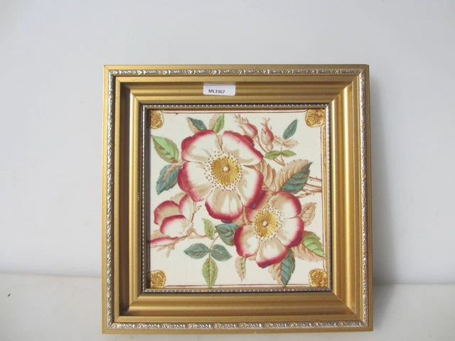 Vintage Ceramic Tile Art Nouveau Floral Flowers Roses Leaf Gilt Frame 4