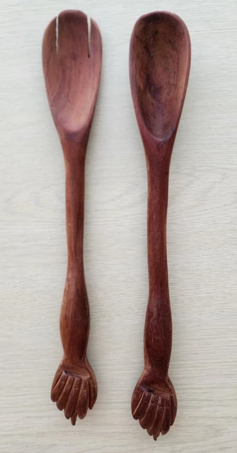 Hand Carved Wood Salad Spoon And Fork With "Monkey Paw" Handles