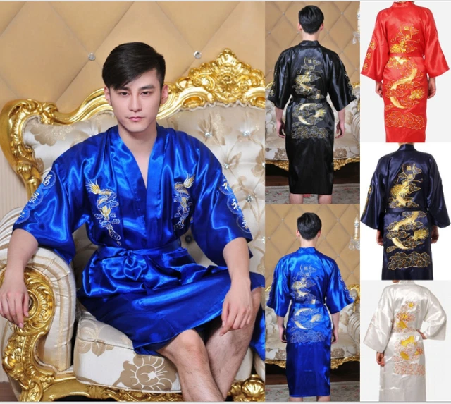 MEN CHINESE DRAGON Robe Silk Satin Japanese Kimono Dressing Gown Bath ...