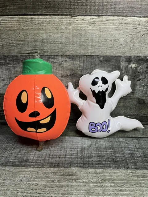 2 Vintage Halloween Inflatables Pumpkin Jack O Lantern Ghost Fun World 8"