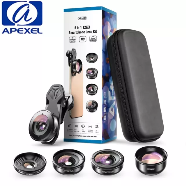 APEXEL 5in1 HD Phone Camera Lens Kit Fisheye Wide Angle Macro For iPhone Samsung