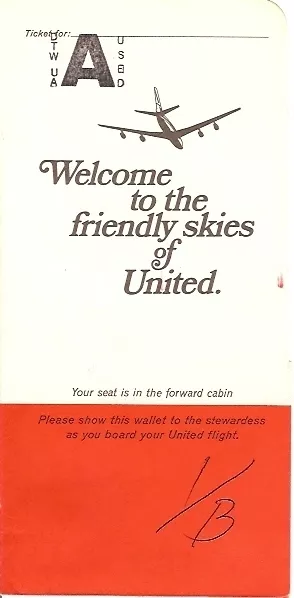 Ticket Jacket - United - Friendly Skies DC-8 - White over Red 1969 4-69 (J1553)