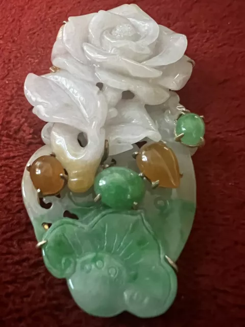 Stunning Carved Jade Brooch Shades Of Green To Lavender 3” Gilt Silver Setting