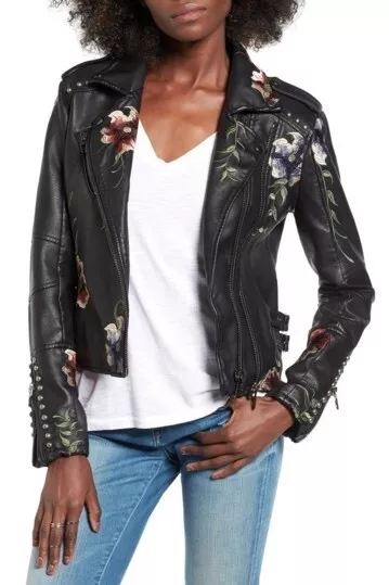 NEW BLANKNYC Denim Embroidered Faux Leather Moto Jacket - Black - XS