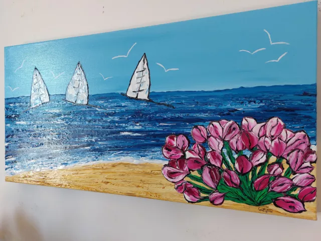 Quadro donna al mare 80x120 dipinto su tela e sfondo con barche 80x120  COLORI E LUCI 39904 Idea Luce di Filippi - Carrù(Cuneo)