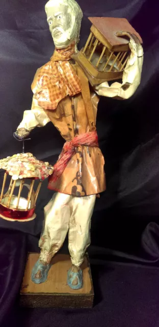 Vintage MEXICAN FOLK ART Paper Mache OLD MAN Carry BIRDCAGE Sculpture Art 13"