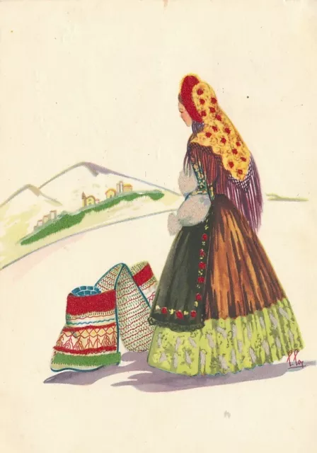 Cartolina Costumi Sardegna Dorgali Tempera di Lola Loy Viaggiata Anno 1953