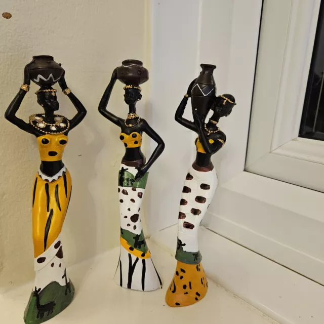 Tribal Lady Figurine African Statue Hand Painted 3 Pieces