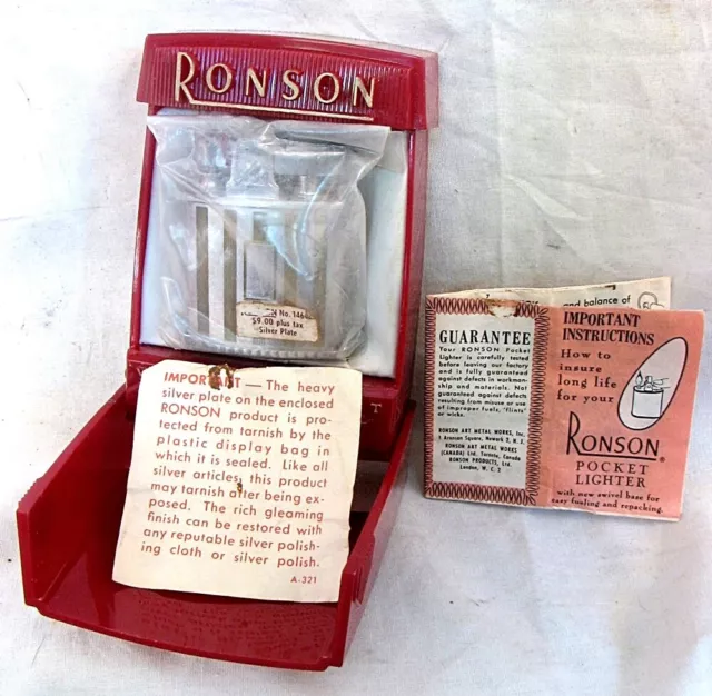 RONSON CIGARETTE LIGHTER NEW IN ORIGINAL CASE w PAMPHLET TAG, ETC *NOS* c.1950'S