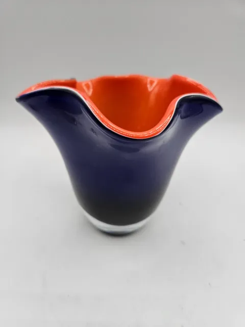 VTG. Hand Blown Art Glass Handkerchief Vase Orange/Blue
