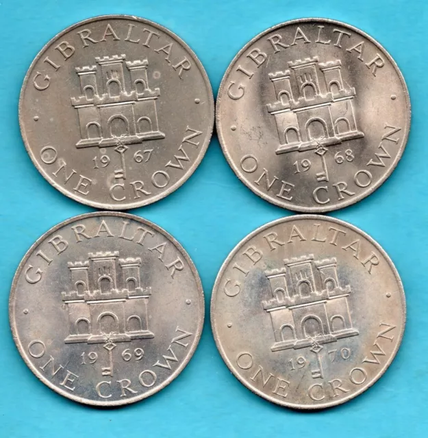 4 DIFFERENT, GIBRALTAR CROWN COINS 1967 - 1970. EACH 38.6 mm, 28.3 g. JOB LOT.
