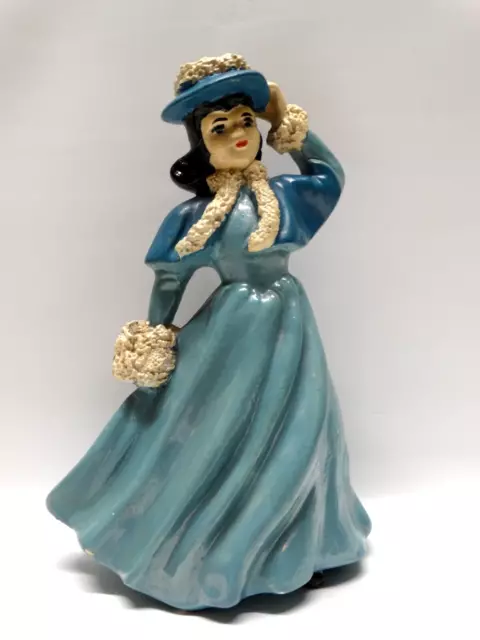 Vintage Lady in Gown & Bonnet in Blue w/Muff Hand Painted Chalkware Figurine