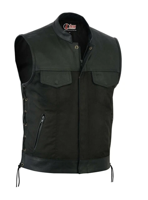 Nuovo da Uomo Cordura Biker Gilet / Canotta Nero Vera Pelle Bordo Lato Pizzo Up