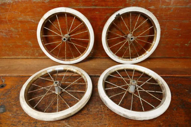 Vintage Baby Buggy Wheels White Hard Rubber NO CLIPS Set Of 4 - 10” Diameter