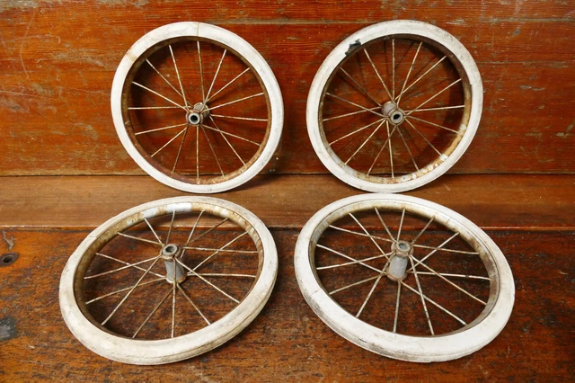 Vintage Baby Buggy Wheels White Hard Rubber NO CLIPS Set Of 4 - 10” Diameter