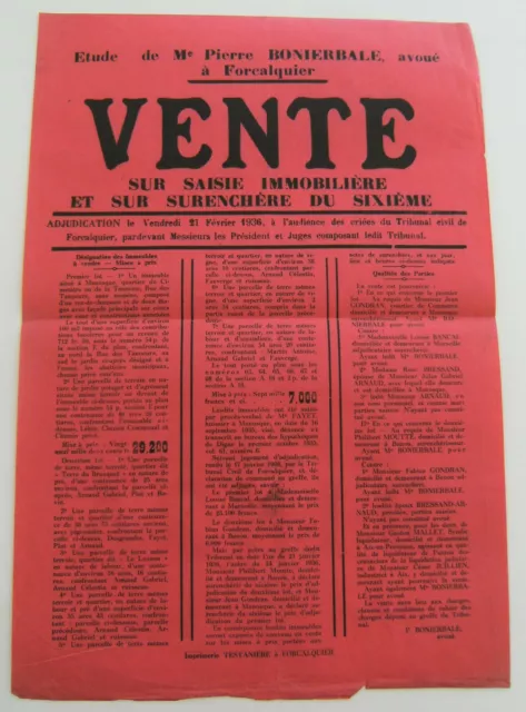 Affiche vente enchère saisie immobilière et surenchère 1936 Forcalquier vintage