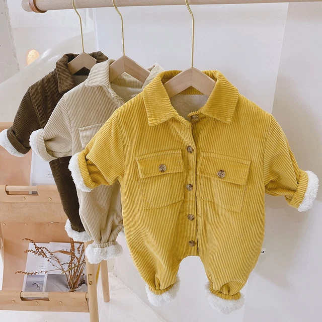 Newborn Boy Bodysuit Long Sleeve Turndown Collar Corduroy Cargo Style  Romper