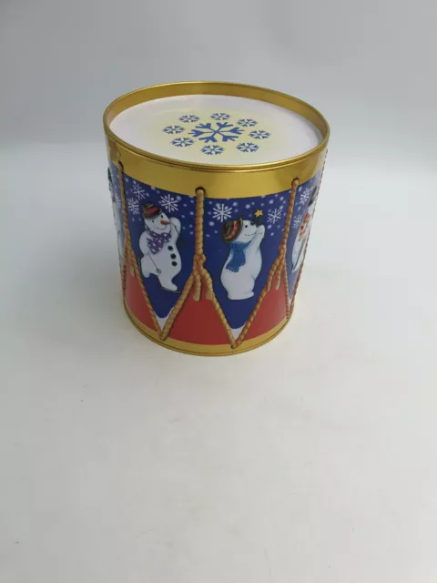 Novelty Christmas Cylinder Tin Drum Shaped Various Happy Snowmen Embossed Design