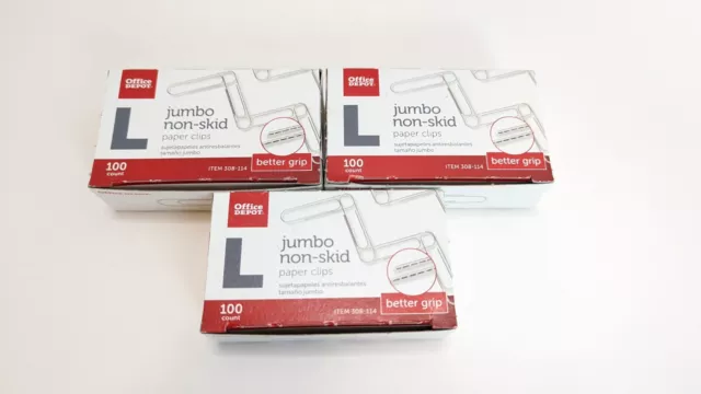 3 Boxes of Office Depot Large Jumbo Non-skid Paper Clips 100 Count item 308-114