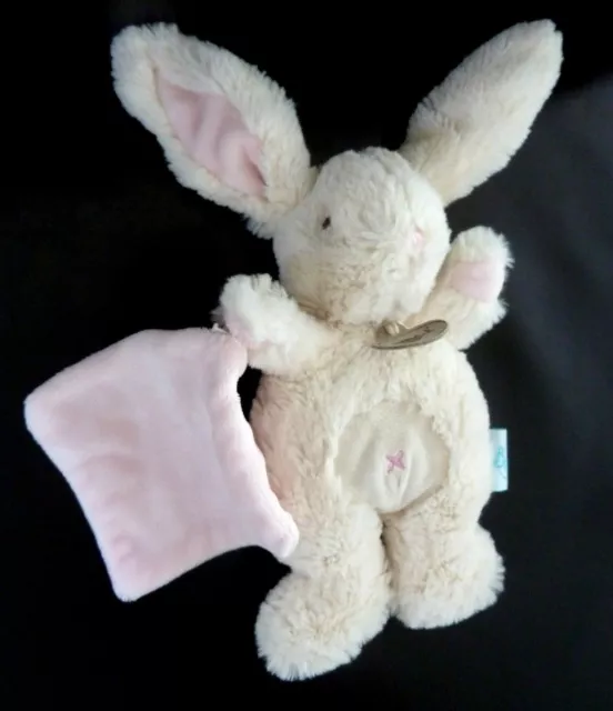 Y6. DOUDOU PELUCHE BABY NAT LAPIN MOUCHOIR ECRU BLANC ROSE CROIX 18cm ETA NEUF *