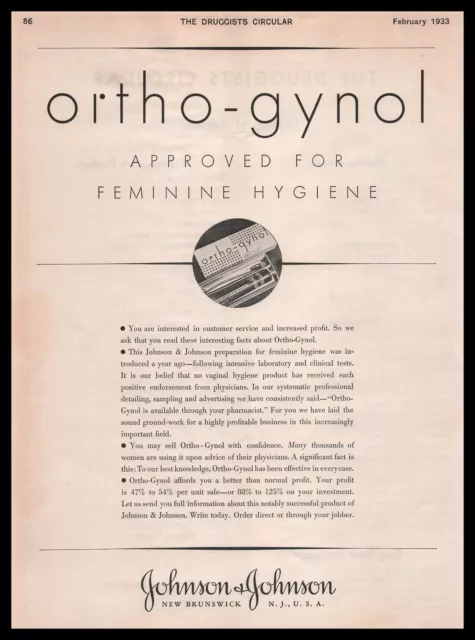 1933 Johnson & Johnson New Brunswick NJ Ortho Gynol Feminine Hygiene Print Ad